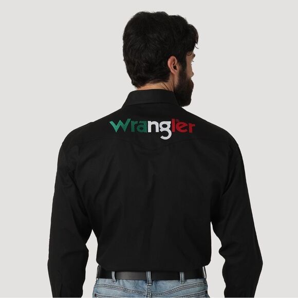 WRANGLER MEXICO LOGO BLACK LONG SLEEVE WESTERN SNAP SHIRT size L nwt - Picture 4 of 8